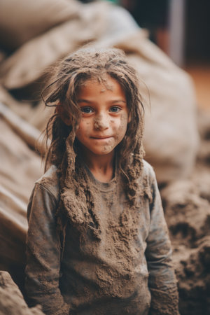 a little girl is covered in mudの素材