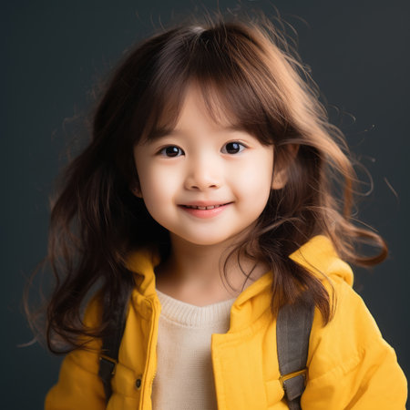 a little girl in yellow jacket posing for the cameraの素材