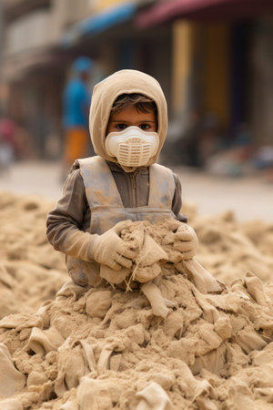 a child wearing a face mask and holding a pile of sandの素材