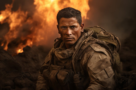 a man in a military uniform sitting in front of a fireの素材