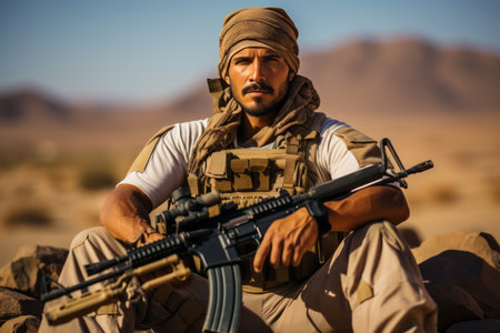 a man with a gun sitting on a rock in the desertの素材