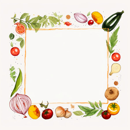 a square frame with vegetables and herbs on a white backgroundの素材