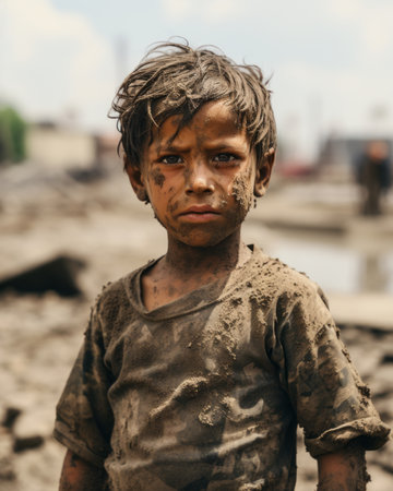 a young boy is standing in the mudの素材
