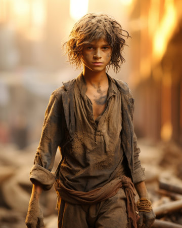 a young boy in dirty clothes standing in the middle of a cityの素材