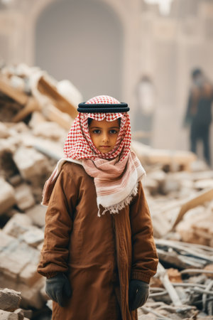 a young boy in an arabic headscarf standing in the rubble of a destroyed buildingの素材