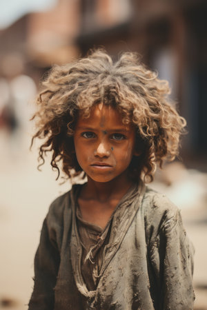 a young boy with curly hair standing in the streetの素材