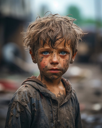 a young boy with blue eyes standing in the mudの素材