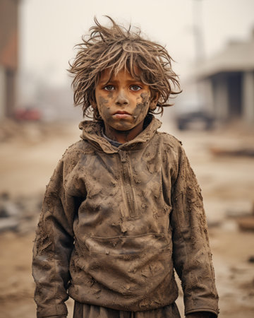 a young boy with mud on his face standing in the middle of a dirt roadの素材