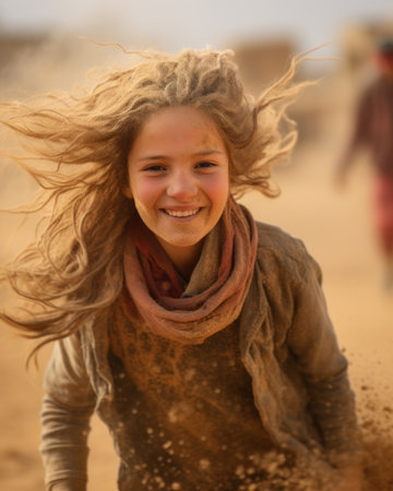 a young girl is running through the desert with her hair blowing in the windの素材
