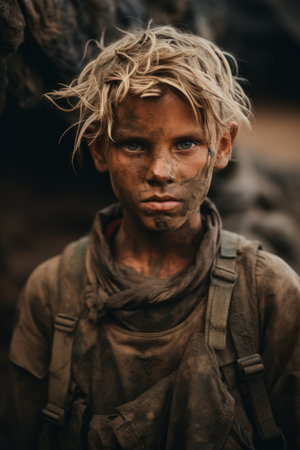 a young boy with mud on his faceの素材