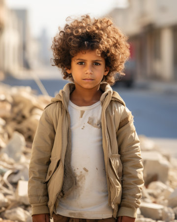 a young boy with curly hair standing in front of rubbleの素材
