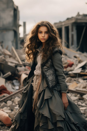 a young woman in a long dress standing in the rubble of a destroyed buildingの素材