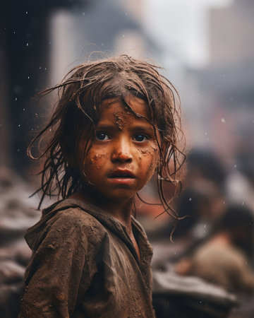 a young girl with mud on her face standing in front of a crowdの素材