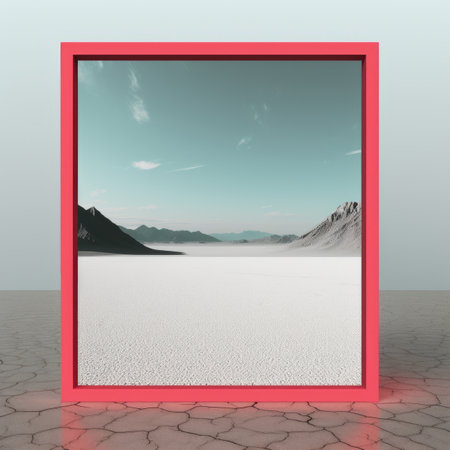 an empty room with a red frame and a mountain in the backgroundの素材