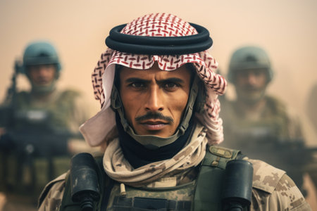 an arabic man in military uniform standing in front of a group of soldiersの素材