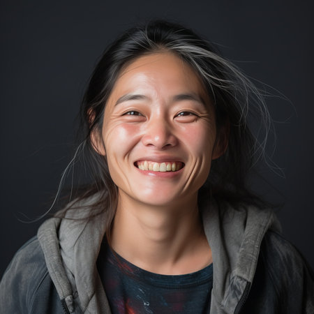 an asian woman smiling in front of a black backgroundの素材