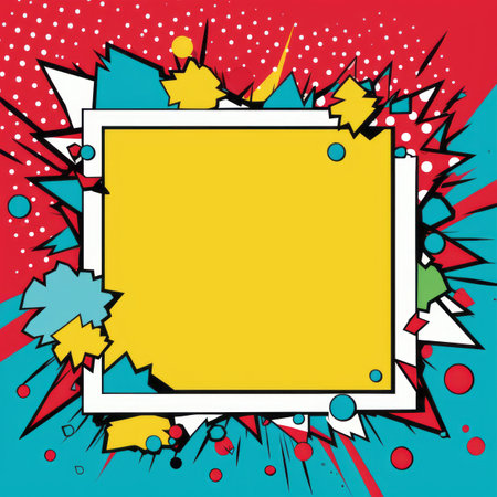 comic book background with a square frame on a red yellow and blue backgroundの素材