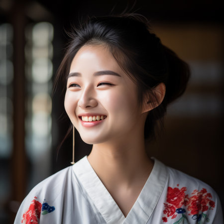 young asian woman in kimono smilingの素材