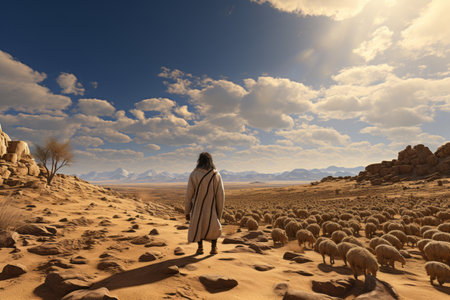 jesus standing in the desert with a flock of sheepの素材