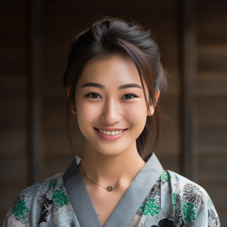young asian woman in kimono smilingの素材