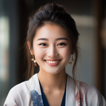 young asian woman in kimono posing for the cameraの素材