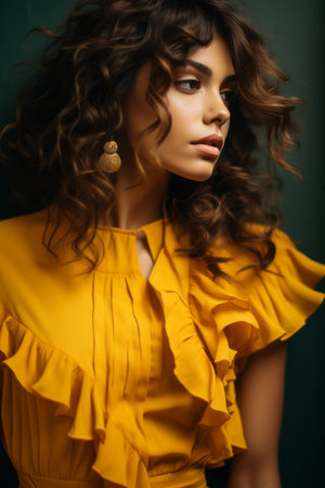 a beautiful woman with curly hair in a yellow dressの素材