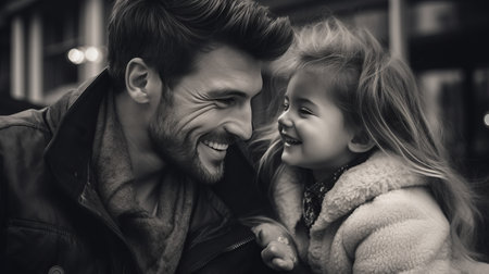 a black and white photo of a man and a little girlの素材