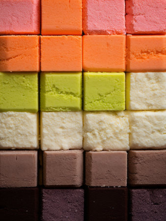 a close up of a bunch of different colored blocks of ice creamの素材