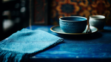 a blue table with a cup and saucer on itの素材