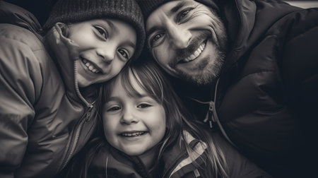 a black and white photo of a man and two childrenの素材