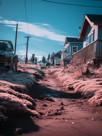 a dirt road in front of housesの素材