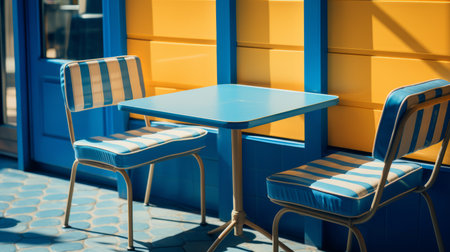 a blue and yellow table and two chairs sitting in front of a windowの素材