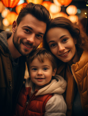 a family posing for a photo in front of lanternsの素材