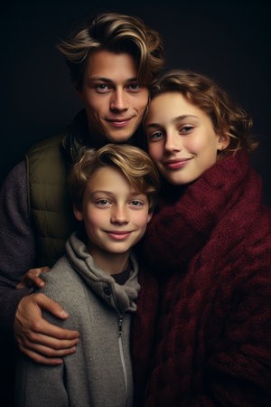 a family posing for a photo in front of a black backgroundの素材