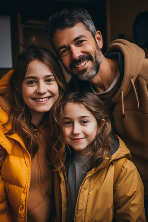 a man and two young girls are smiling for the cameraの素材