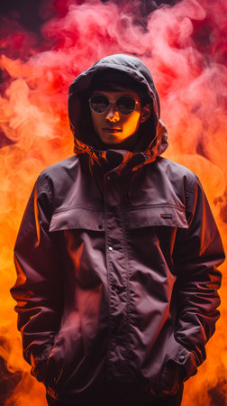 a man in a hoodie and sunglasses standing in front of a red and orange smoke cloudの素材