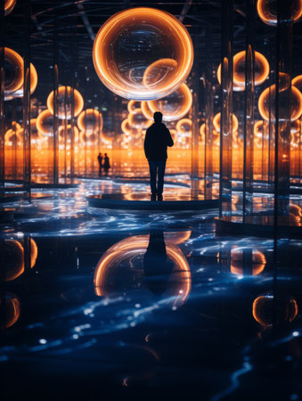 a man standing in front of a large room with lots of lightsの素材