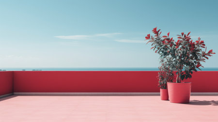 a potted plant sits on a balcony overlooking the oceanの素材