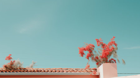 a pink building with a red tree on top of it