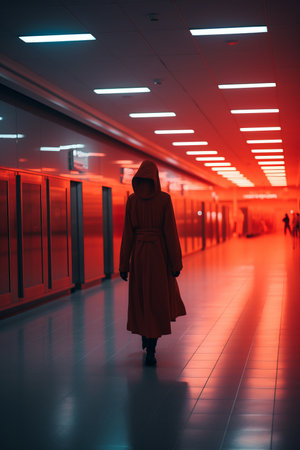 a person walking down an empty hallway with red lightsの素材