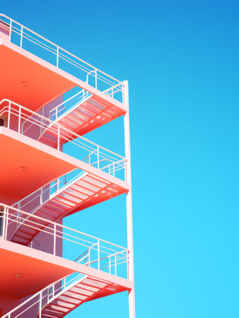 a red building with stairs on the side of itの素材