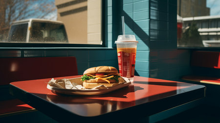 a table with a sandwich and a drink sitting on itの素材