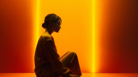 a silhouette of a woman sitting in front of an orange lightの素材
