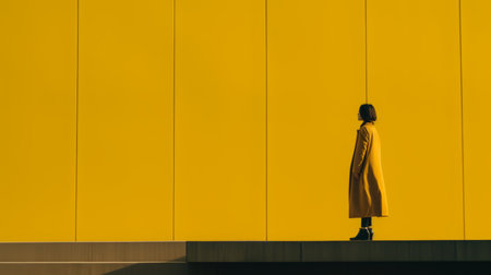 a person standing in front of a yellow wallの素材