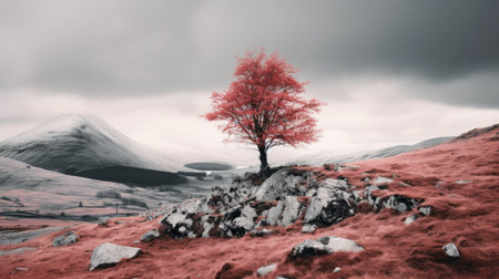 a red tree stands alone on a hill with mountains in the backgroundの素材