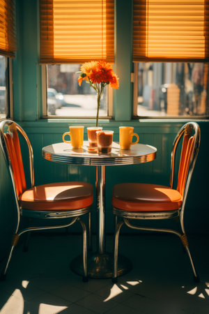 a table and chairs in front of a window with a vase of flowersの素材