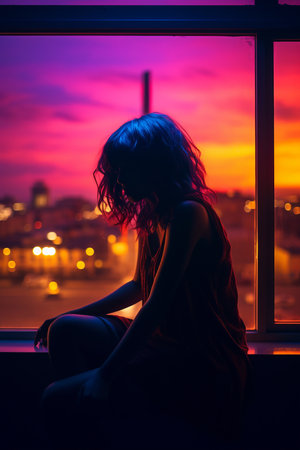 a silhouette of a woman sitting on a window sill at sunsetの素材