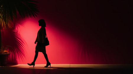 a silhouette of a woman walking in front of a pink wallの素材