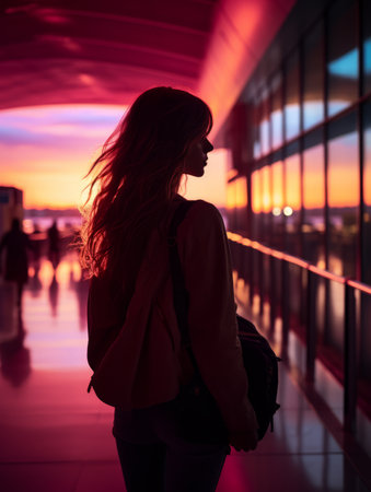 a silhouette of a woman walking through an airport at sunsetの素材