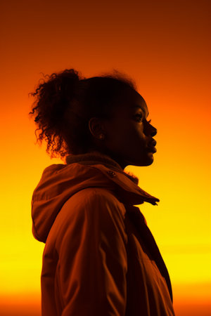a silhouette of a woman in an orange jacketの素材